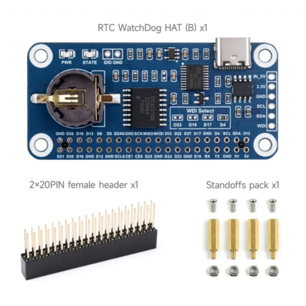 RTC WatchDog HAT (B), Standard Raspberry Pi 40PIN GPIO Header, For Raspberry Pi Series Boards, Jetson Nano