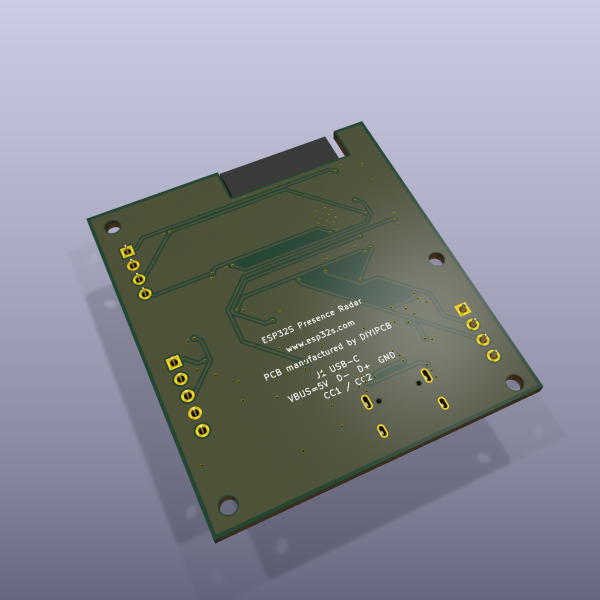 ESP32S Presence Radar R1.2 female-socket mainboard — KiCad 3D render