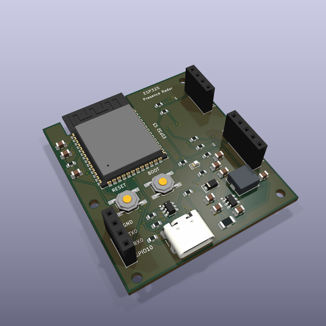 ESP32S Presence Radar R1.2 female-socket mainboard — KiCad 3D render ESP32S Presence Radar R1.2 female-socket mainboard — KiCad 3D render