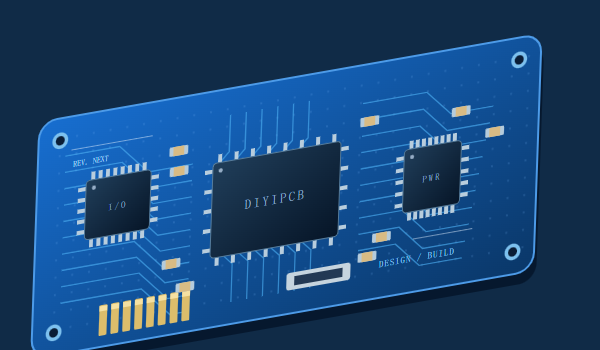 Blue PCB layout illustration with placed components and routed connections