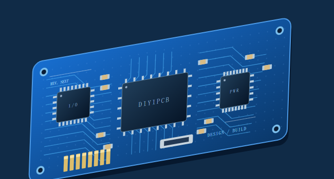 Blue PCB layout illustration with placed components and routed connections