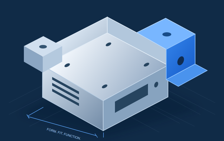 Illustration of a sheet metal enclosure and mounting brackets